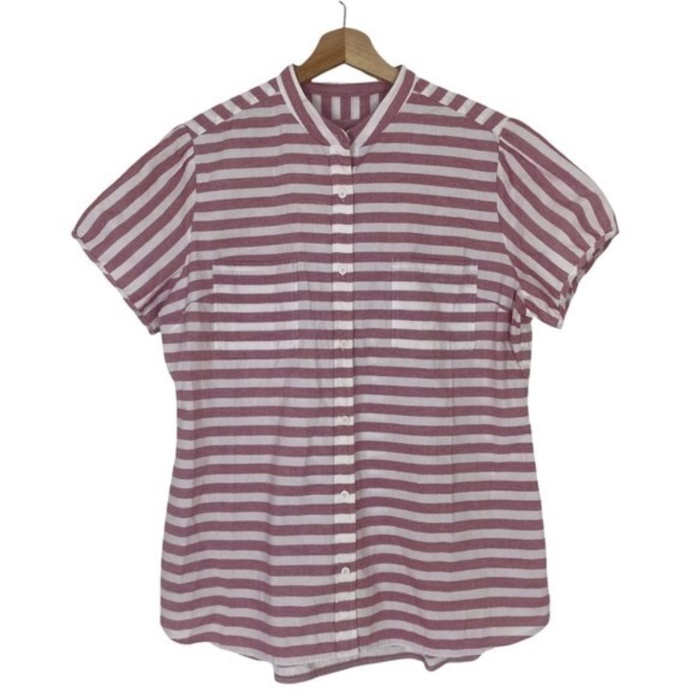 J. Peterman Womens Red White Striped Button Front Blouse Top Size Large